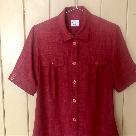 Weill Paris Cranberry Button Down Dress Linen Blen - Picture 3 of 9